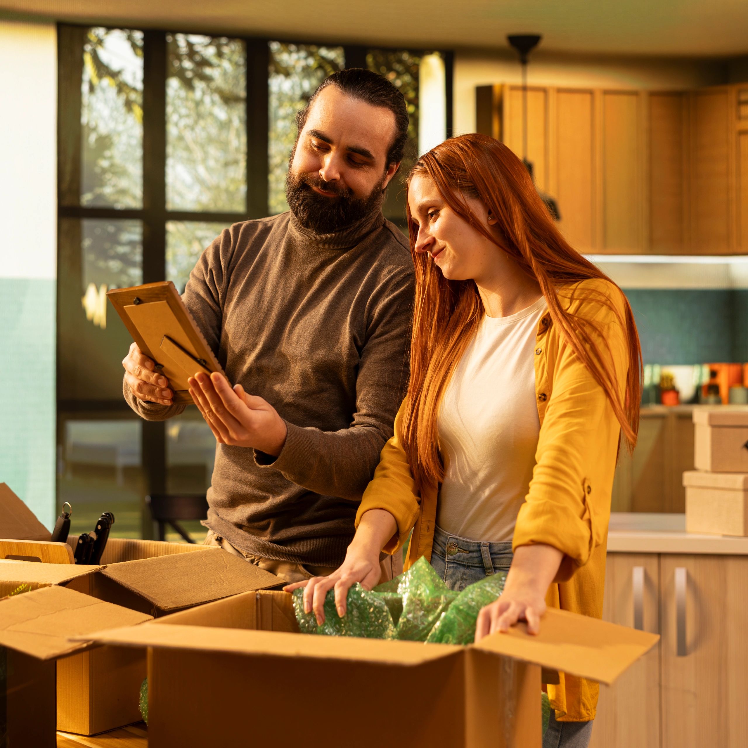 Couple settling into a new home with moving boxes